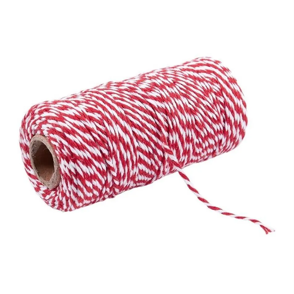 Rouleau de 100 m de fil à rayures en coton, 1, 5-2mm, pour cadeaux de fête de mariage, fournitures d'emballage artisanal, rouge blanc 248y