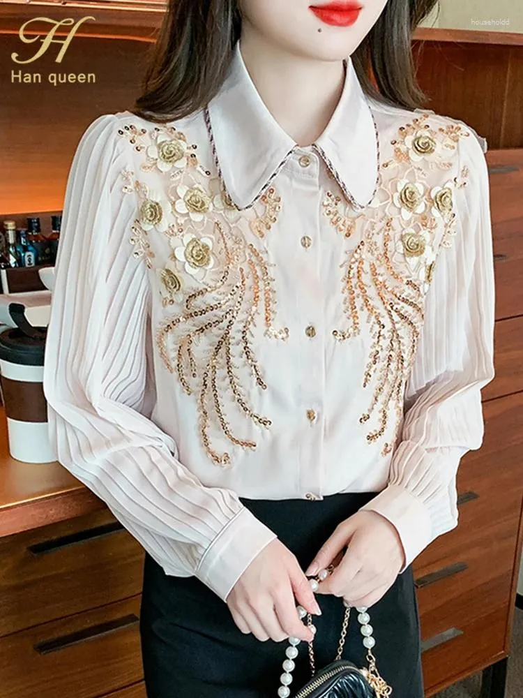 Blouses Femmes H Han Queen Automne Chemisier en mousseline de soie Femmes Broderie Paillettes Perles Chemises Bureau Travail À Manches Longues Vintage Tops Lâches