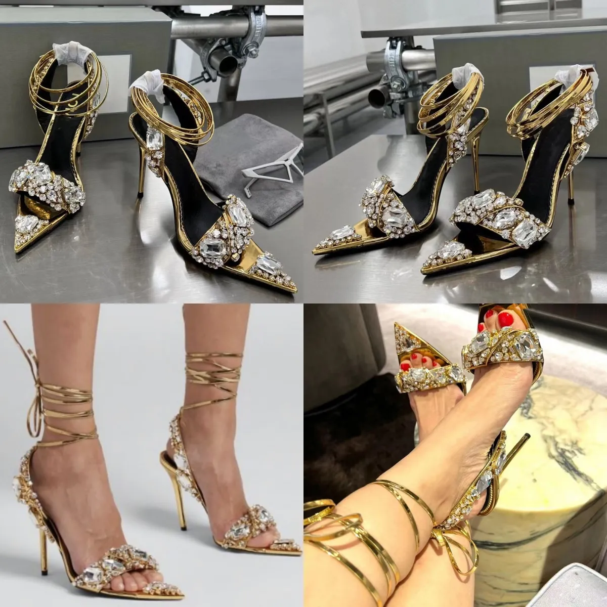 Deri konfor tokası konfor altın sandalet topuklu elbise ayakkabıları kadınlar metalik kayış sandaletleri kristal süslemeli stiletto topuklu ayak bileği parti