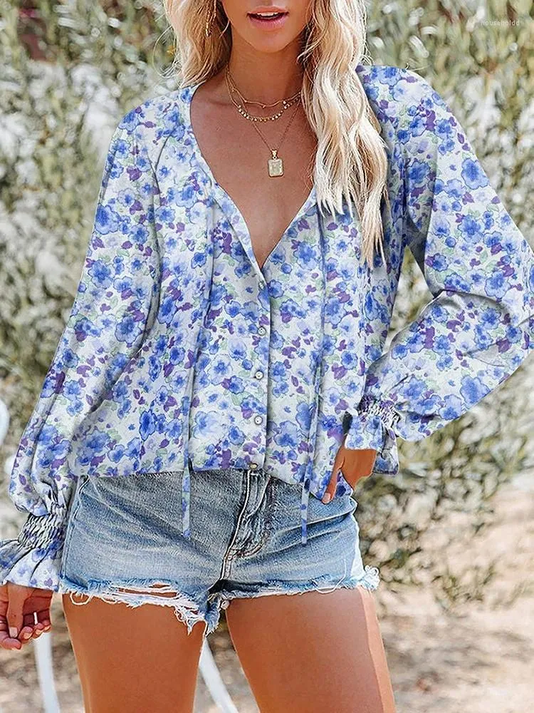 Women's Blouses Floral Chiffon Blouse Tops For Women 2024 Autumn Fashion V Neck Long Sleeve Loose Elegant Office Shirt Oversize Casual