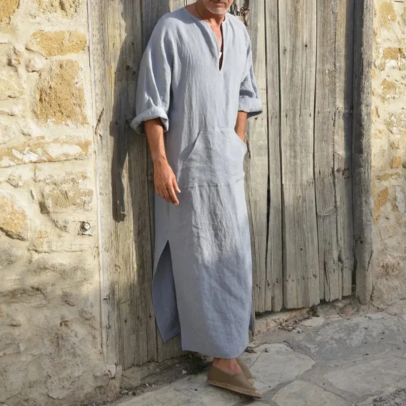 Plus Size S-5XL Men's Muslim Robe V-neck Casual Soild Cotton/Linen Pockets Loose Long Sleeve Vintage Arab Ethnic Islamic Dress 240124