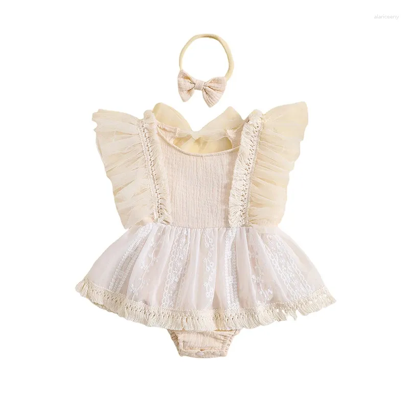 Rompers Infant Born Baby Girls Romper Dress Flower Embroidery Butterfly Wings Fly Sleeve Jumpsuits Summer Bodysuits With Bow Headband