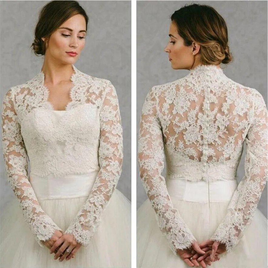 BHLDN 2019 Wedding Wrap Lace Jacket White Ivory Appliqued Cheap Long Sleeve Bridal Jacket Bolero Shrug Plus Size Wedding Dress Wraps 237D