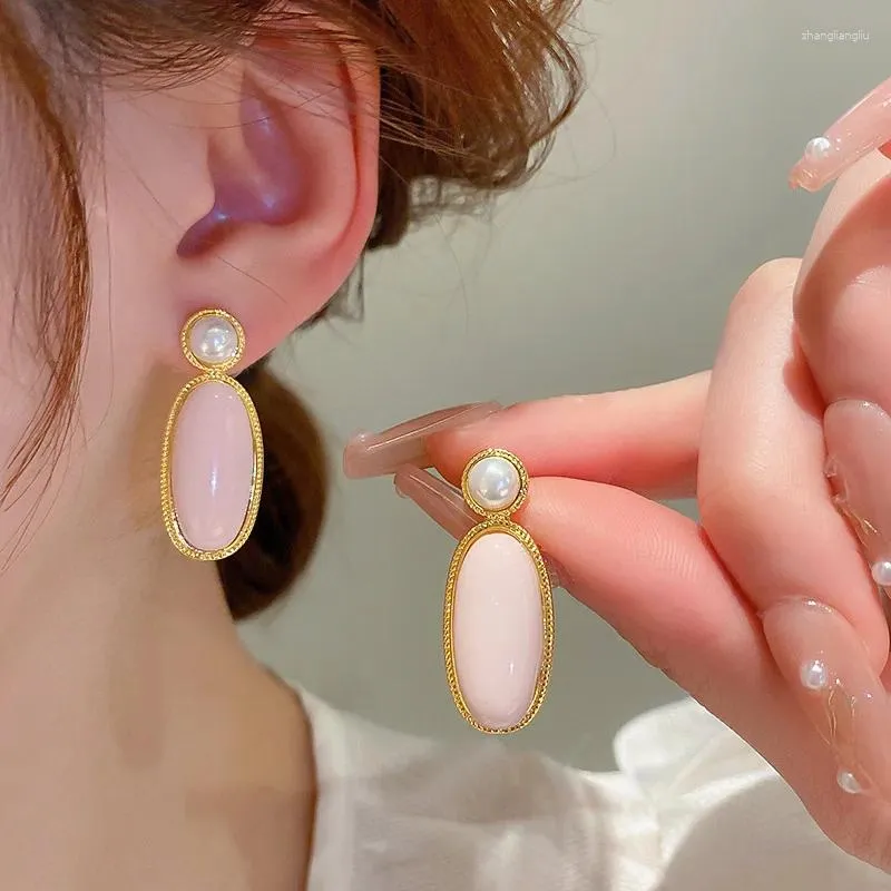 Boucles d'oreilles pendantes en alliage pour femmes, Vintage, géométrique, perle rose ovale, mignonne, douce, Simple, vente en gros