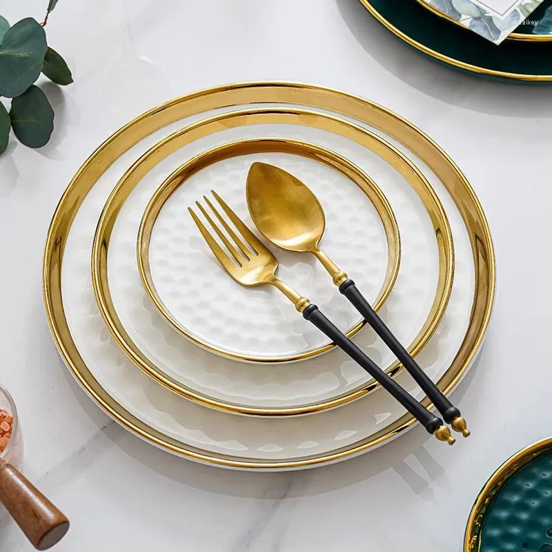 Conjuntos de louça por atacado conjunto de placa de jantar restaurante placas de cerâmica borda de ouro luxo verde branco carregador pratos
