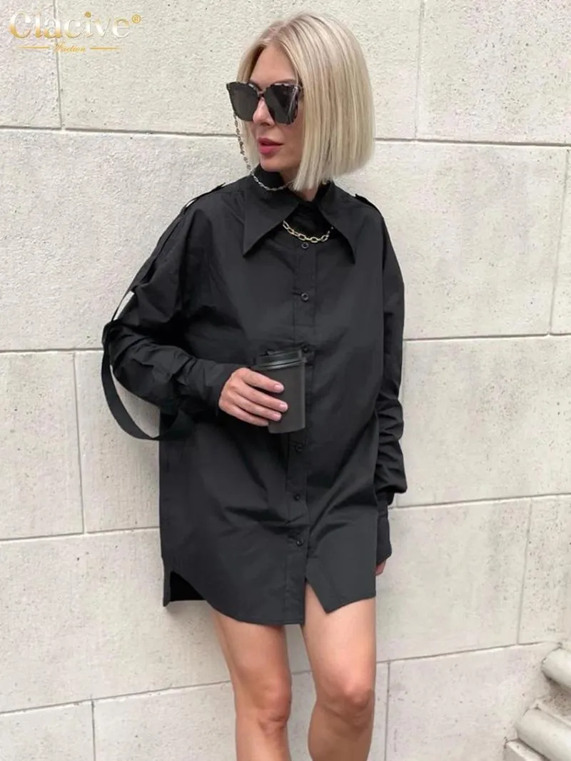 Casual Dresses Claceive Fashion Loose Black Women 2024 Elegant Lapel Long Sleeve Single Breasting Asymmetry Mini Dress Shirt Streetwear