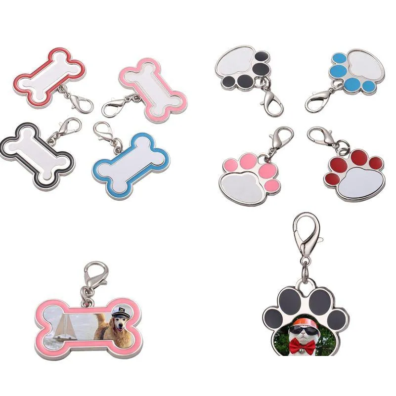 Hundtagg -ID -kort sublimering av metallmärken Personliga vita DIY -kort Zink Bone Cat Paw Shape Pet Decorative Hängen med Buck Dhwbe