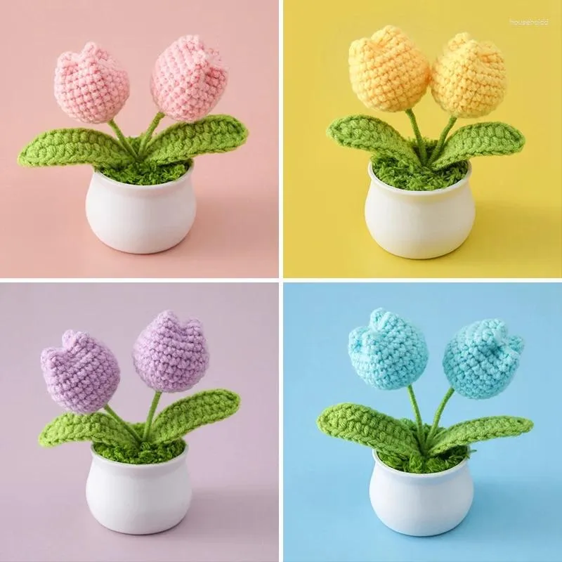 Fleurs décoratives tulipe Crochet Pot de fleur tricoté à la main plantes faites maison ornement de bureau salon décor cadeaux de la journée de l'enseignant