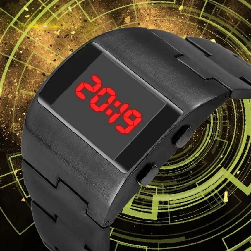 腕時計のクールなファッションワイドスチールベルトメンのためのクリエイティブモノクロデジタル時計カジュアルステンレスダイヤル328D