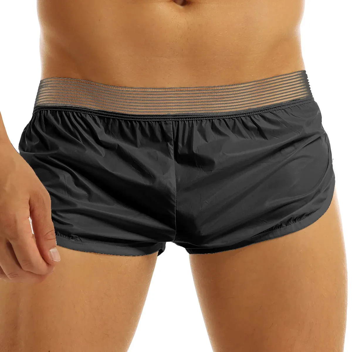 Mens sommar sexiga shorts wetlook faux läderboxare trunks elastiska midjeband lounge korta byxor hombre strand avslappnad 240129