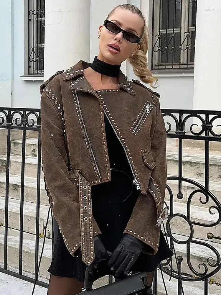 Jaquetas femininas Mulheres Casual Lace Up Rebite Bomber Jaqueta Moda Manga Longa Lapela Zip-up Crop Casaco Outono Inverno Party Club Chic Feminino