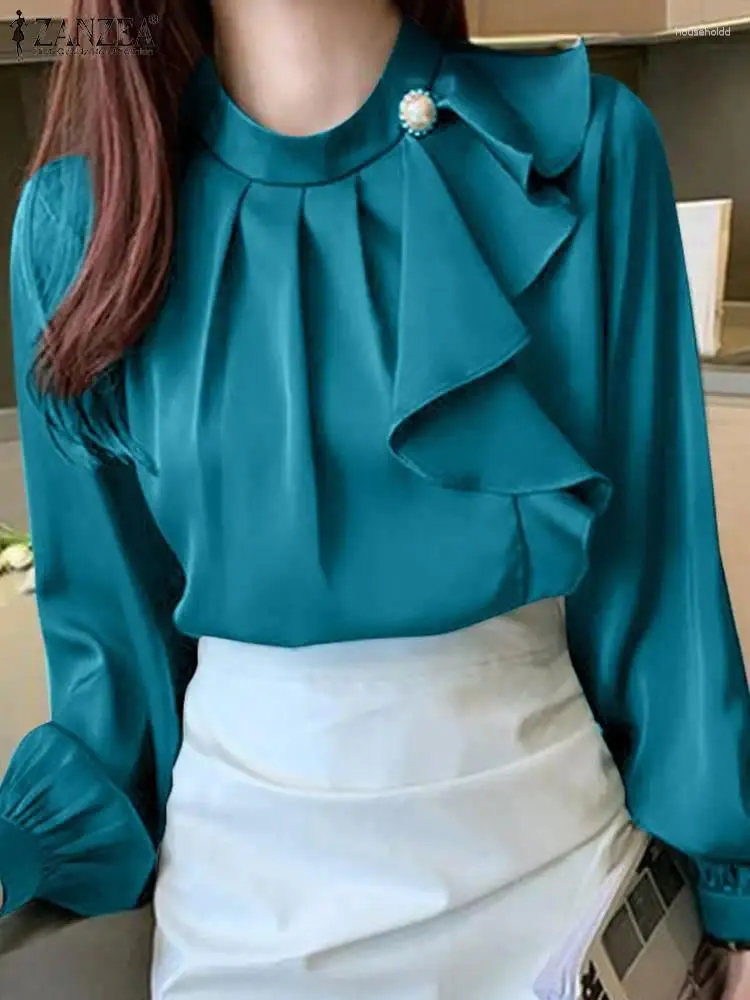 女性のブラウスザンゼアファッション長袖シャツサテンシルクエレガントな丸い首の女性トップフェム2024秋のプリーツフリルカジュアル