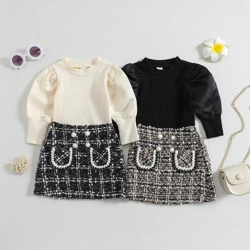 Conjuntos de roupas Focusnorm 0-4Y Criança Meninas Roupas Roupas Longa Manga Puff Ribbed Knit Tops Xadrez Pérola A-Line Saias 2pcs