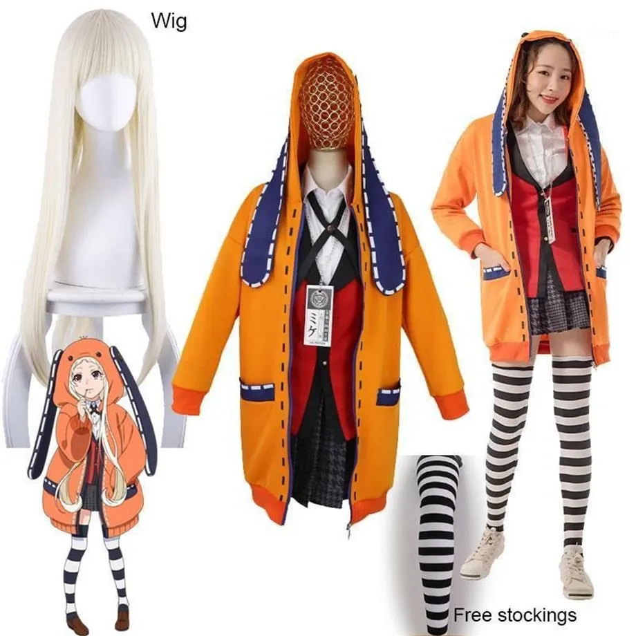 Yomoduki runa cosplay traje kakegurui jogador compulsivo runa cosplay peruca e jaqueta com capuz laranja jk uniforms12630