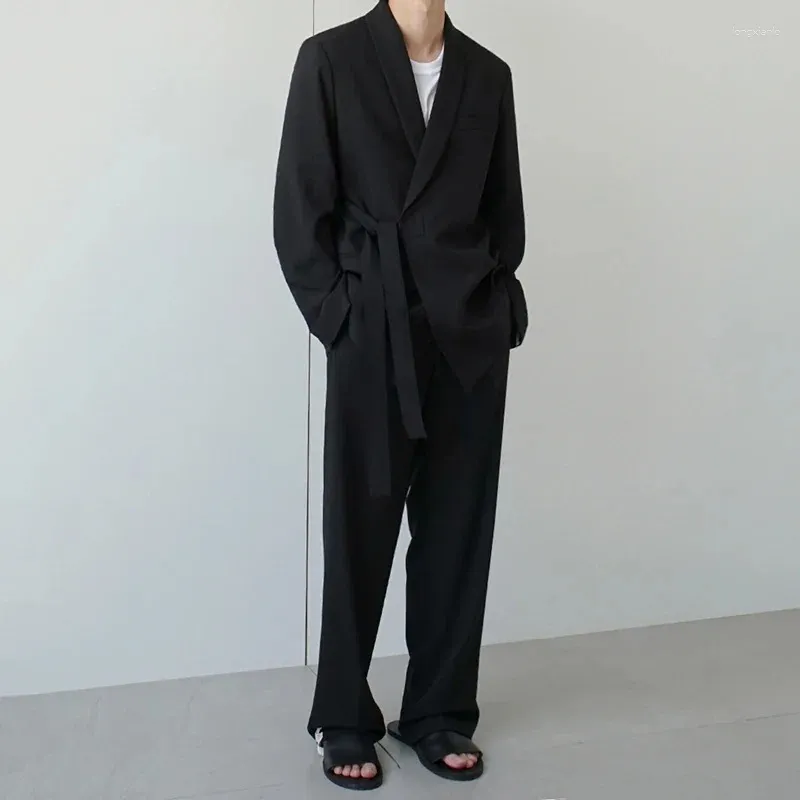 Men's Suits Korean Trend Cotton Suit Coat Loose Casual Bandage Belt Blazers 2024 Autumn Blazer Khaki Clothing