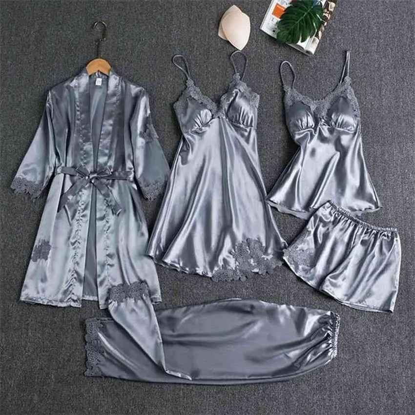 Vêtements de nuit Femme 5PCS Pyjamas Ensemble Satin Pyjamamas Dentelle Patchwork Mariée Mariage Vêtements De Nuit Rayonne Home Wear NightyRobe Costume 210831226g