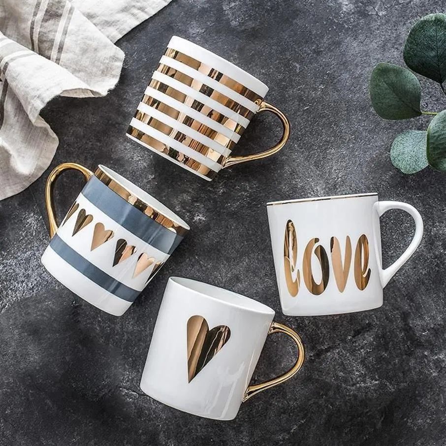 Mugs Creative Gold Ceramic Mug Coffee Cup China Bone Milk Tea Love Heart Stripe Drinkware 350ml Home KitchenMugs2695