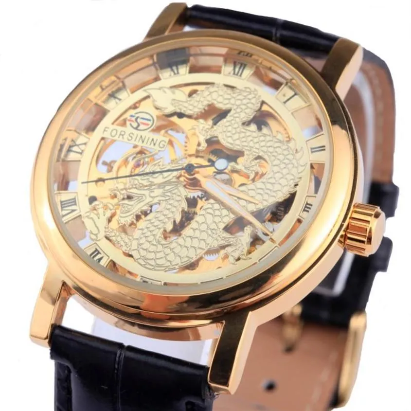 Forsining Dragon männer Mechanische Uhr Schwarz Gold Gehäuse Leder band Hohl uhren Skeleton top relogio masculino2594