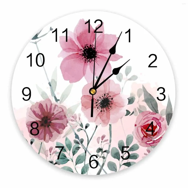 Horloges murales Plantes de campagne Fleurs Aquarelles Horloge imprimée Moderne Silencieux Salon Décor à la maison Montre suspendue