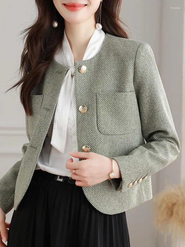 女性のスーツQoerlin 20％ウールオフィスレディースブレザーエレガントシックジャケットコート女性Oネック長袖ポケット韓国ファッションショート