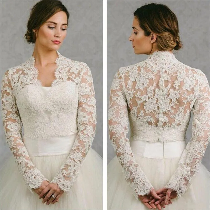 BHLDN 2019 Wedding Wrap Lace Jacket White Ivory Appliqued Cheap Long Sleeve Bridal Jacket Bolero Shrug Plus Size Wedding Dress Wraps 2384