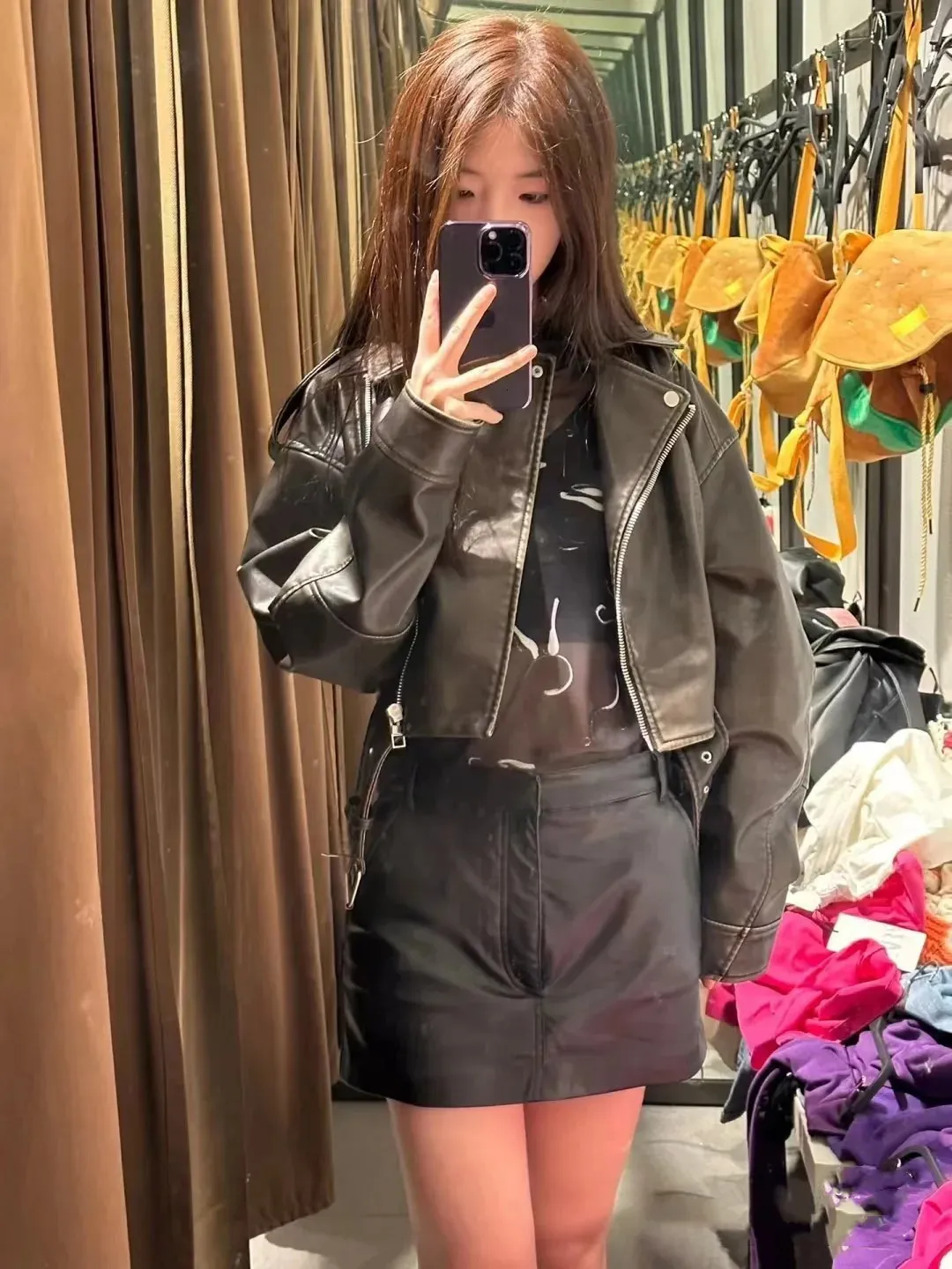 Womens Vintage Faux Leather Biker Jacket - Oversized Moto