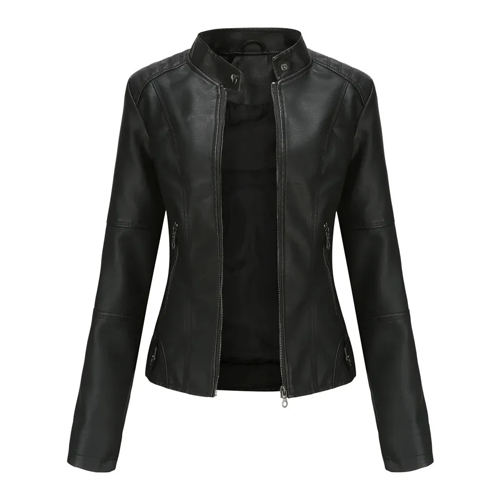 Veste en simili cuir femmes automne printemps femmes Moto Biker veste à glissière rouge noir manteau vêtements d'extérieur marron XS violet marine 240131