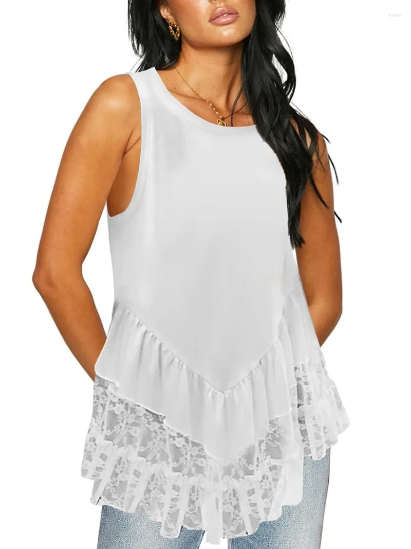 Women's Tanks Tank Tops Loose Fitting Round Neck Sleeveless Lace Flower Embroidery Ruffle Hem Vest White Shirts For Summer Y2K