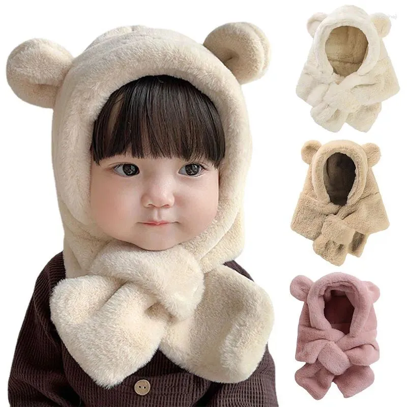 Haarschmuck Winter Babymütze Einteiliger Kunstpelz Kinder Kapuzenschal Bärenohren Warmer Hals Ohrkappe Für Mädchen Jungen Winddichte Mützen Säugling