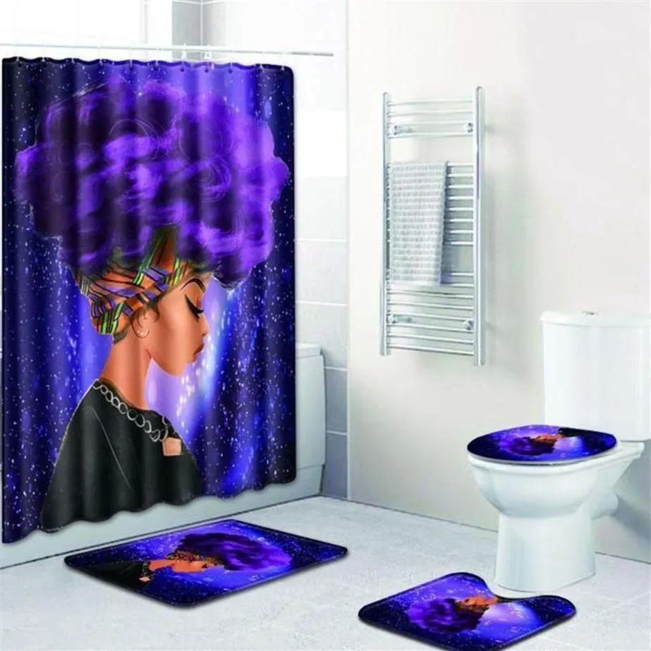 Mode afrikansk kvinna mönster polyester duschgardin set icke slip mattor matta för badrum toalett flanell bad mat279m