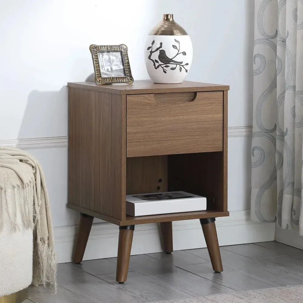 Modern 1 Drawer Bedroom Nightstand Brown Walnut Bedside Table End Side Organizer Storage 240125