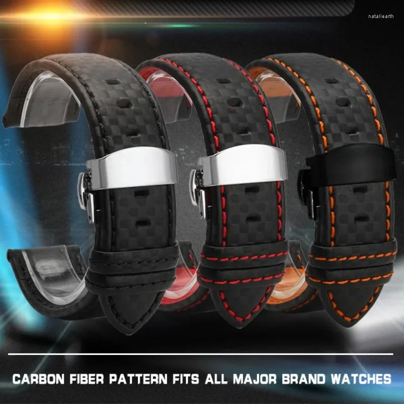 Watch Bands Orange White Red Line Stitching Carbon Fiber Mens Black Genuine Leather Watchband For Any Brand Strap 20mm 21mm 22mm 23mm