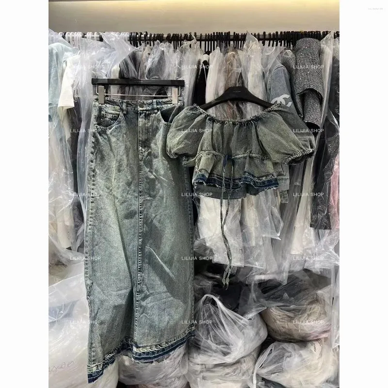 Werkjurken Amerikaanse retro dames denim rokken pak off-shoulder vetersluiting bubble mouw top lange rok tweedelige set voor de zomer