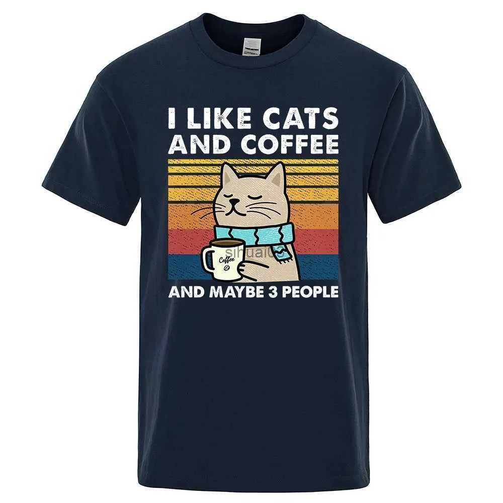 Erkek Tişörtleri Kedileri ve Kahve Sokağı'nı Seviyorum Erkekler İçin Komik Tişört