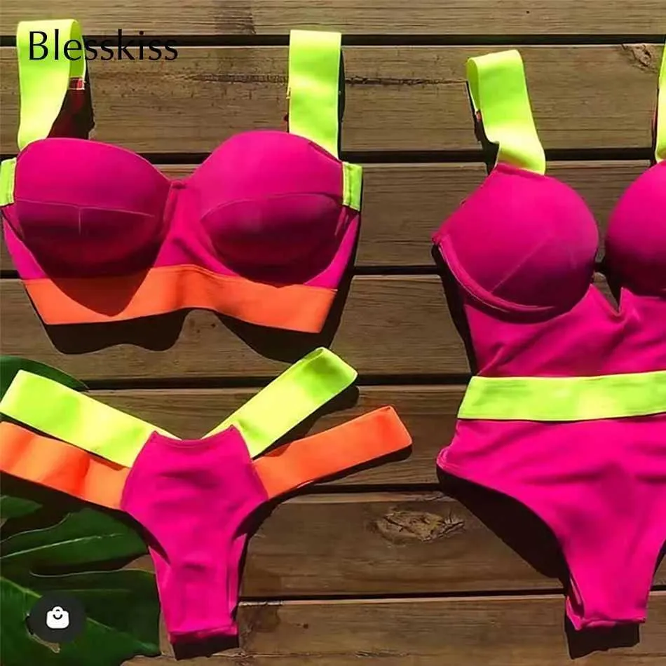 Mulheres Swimwear BLESSKISS sexy push up bikini 2023 mulheres maiô tanga corte neon bandagem brasileiro maiô biquíni conjunto j240131