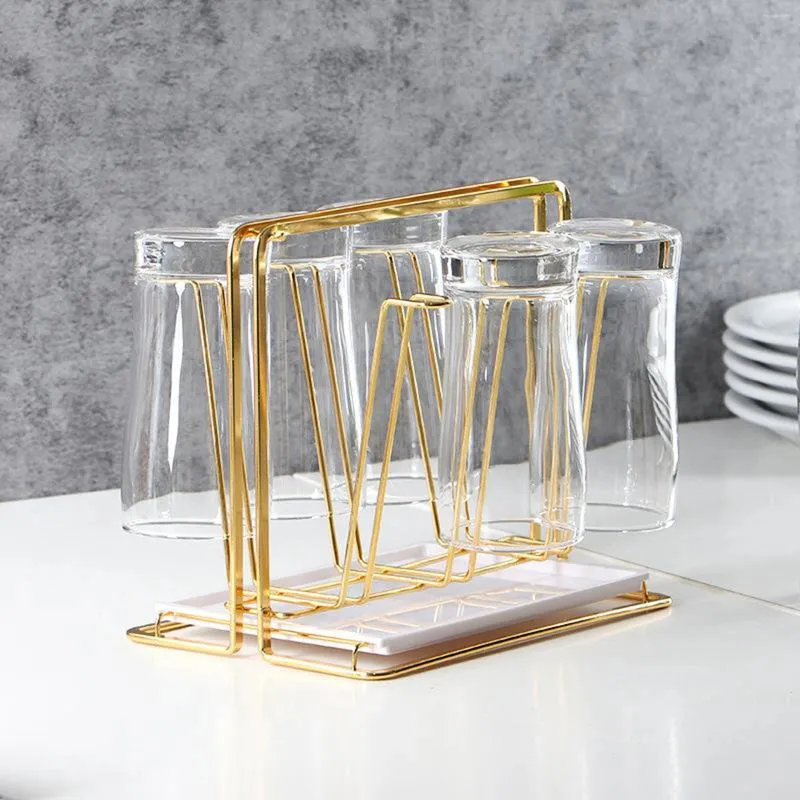 Armazenamento de cozinha minimalista copo dourado rack secagem ferro 6 copos escorredor titular canecas árvore café guardanapo suportes garrafa