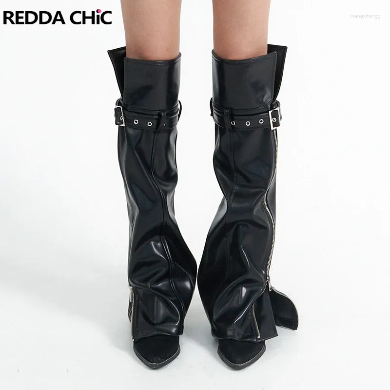 REDDACHiC – chaussettes en cuir fendu à fermeture éclair pour femmes, Punk foncé Grayu noir, ceinture déconstruite, longue au genou, couverture de bottes de Moto Y2k en PU