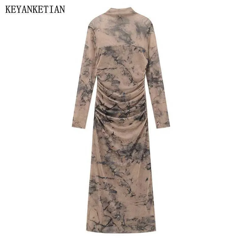 Basic Casual Dresses KEYANKETIAN launches a womens spring pleated decorative ink print retro mesh dress with a plain collar side zipper and tight ankle long skirt J24