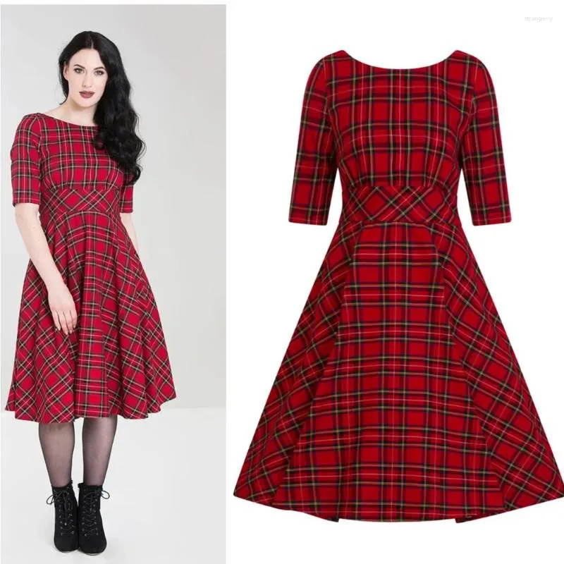 Sukienki imprezowe 40- Summer Women Vintage 50s Tartan Boat Szyja 1/2 rękawu sukienka huśtawka w czerwonym rockabilly pinup vestidos plus size jurken