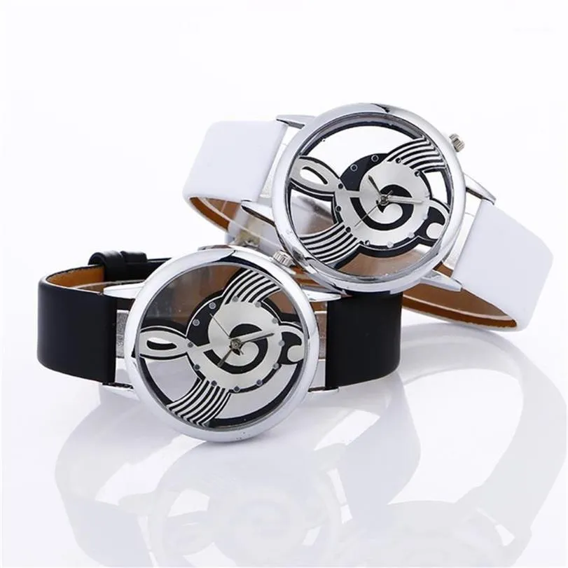 Wristwatches Lady Womans Wrist Watches Simple Casual Engraving Hollow Stylish Musical Note Painted Leather Bracelet Watches1221k