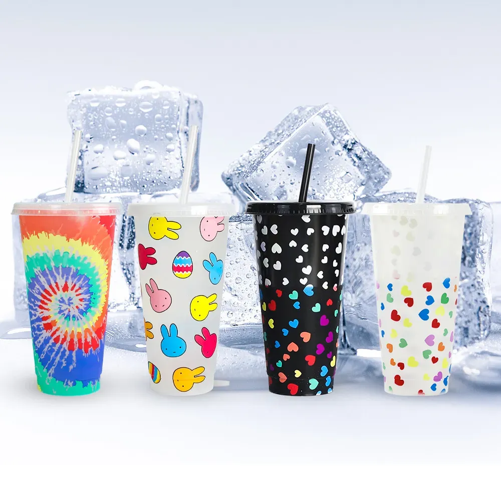 Easter Party Supply Color Changing Tumbler Cups with Lids Straws Cold Cup 24oz 710ml Reusable Plastic Tumblers for Cold Drink A27