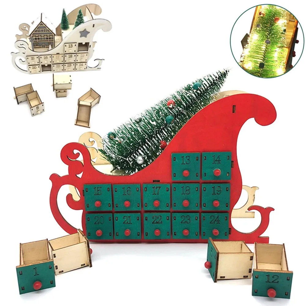 Christmas Advent Calendar Ornaments Wooden Luminous Decoration Gadget with 24 Drawers with LED Light Storage Home Party Gifts 240118