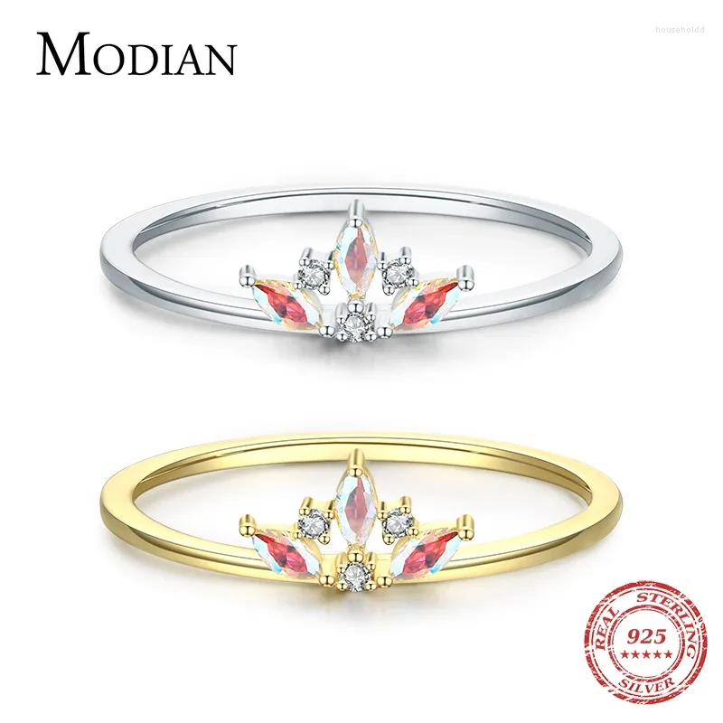 حلقات الكتلة Modian رقيقة حلقة التاج الصغيرة 925 Sterling Silver Finger مع قوس قزح لون الزركون للنساء المجوهرات الأزياء Anel