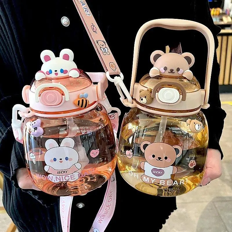 Water Bottles Cute Bear Cup Various Modes Of 800ml To 1400ml Tumbler With Straw Kawaii Bottle For Girl Kid Outdoor Drinking Kettle