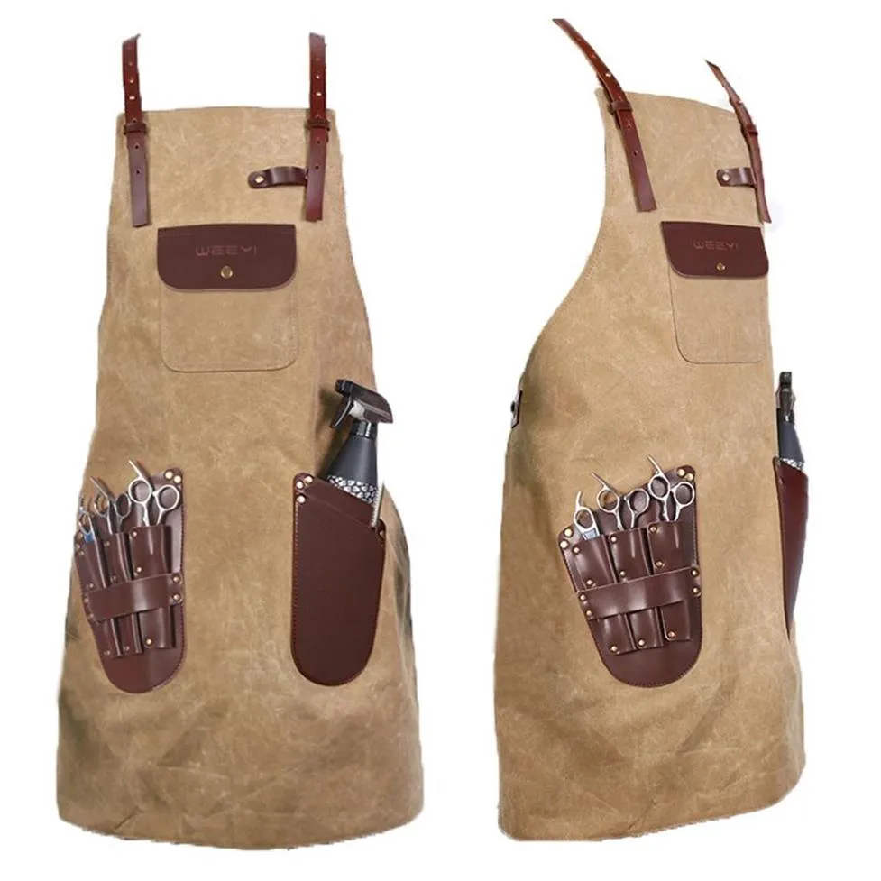 WEEYI Men Ladies Salon Haircut Apron Hairdressing Waxed Canvas Leather Barber Hairstylist Manicure Aprons 201007226N