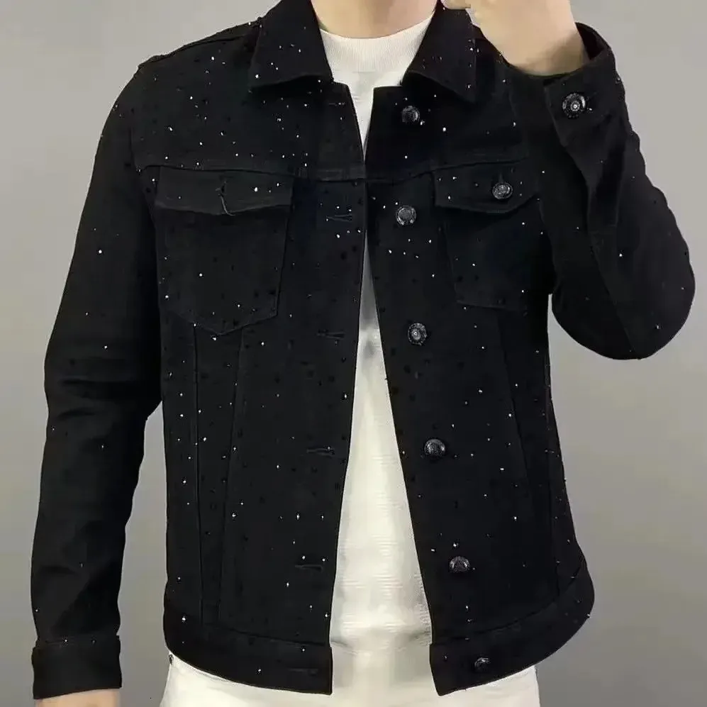 Jeans casaco para homens botão casual magro curto denim jaquetas homem diamante preto japonês solto baixo custo rock y2k coreia 240119
