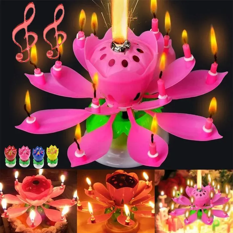 Birthday Cake Music Candles Rotating Lotus Flower Christmas Festival Decorative Music Wedding Party Decorat qylXyV