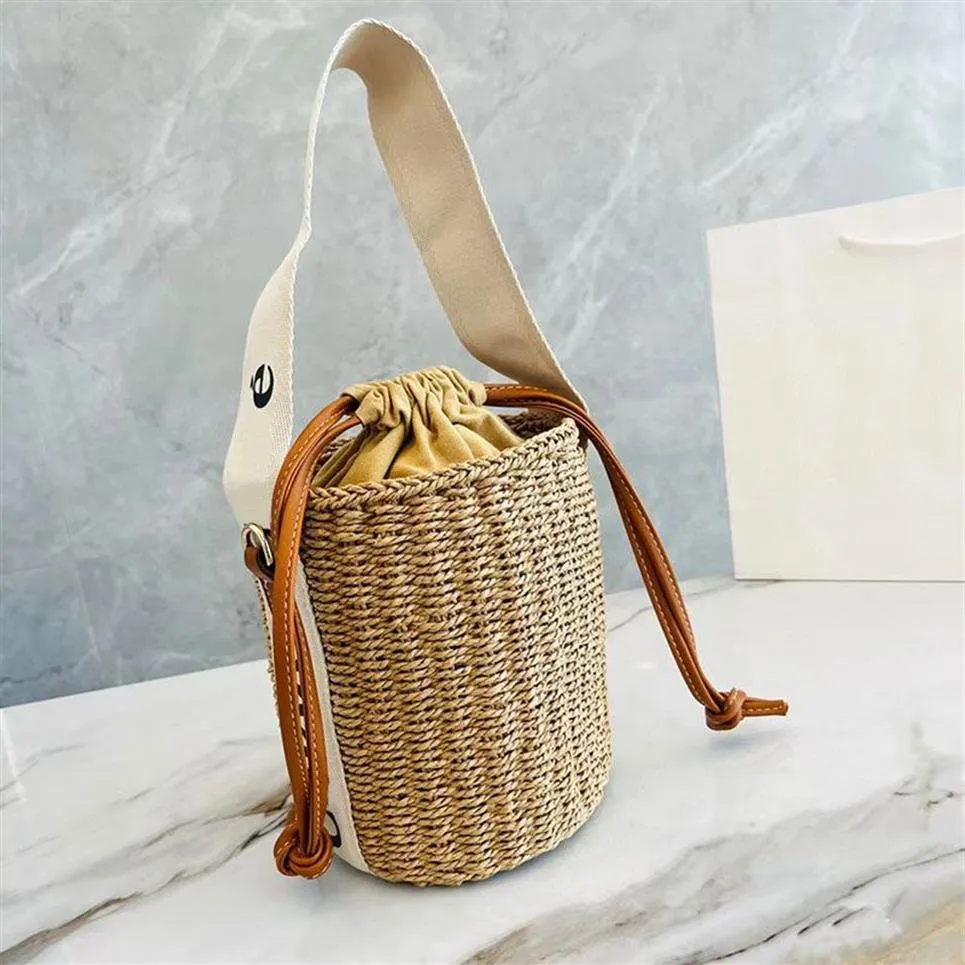 Summer String Bucket Bag Straw Crossbody Bags Women Weave Handbag Purse Genuine Leather Shoulder Bags Detachable Thin Strap Pouch 232d