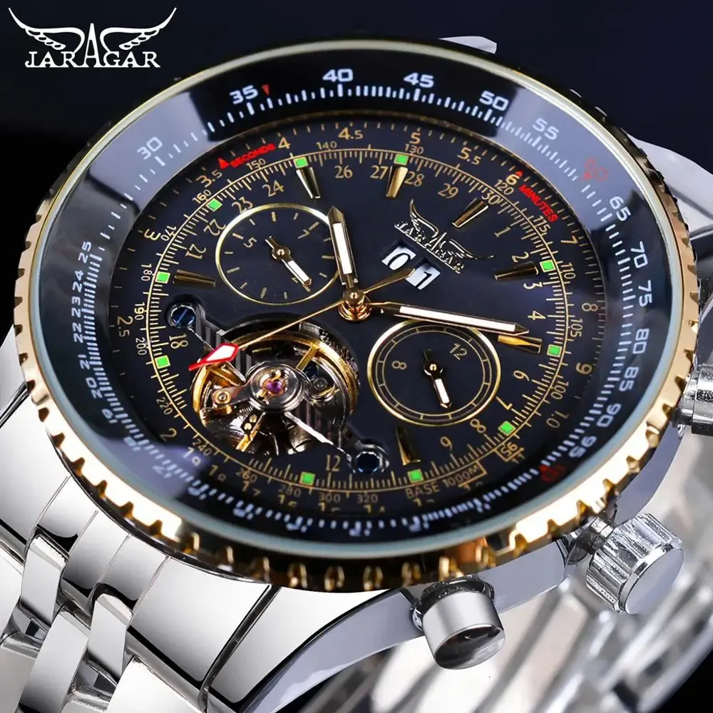 Jaragar Flying Series Goldene Lünette Skala Zifferblatt Design Edelstahl Herrenuhr Top-Marke Luxus Automatische Mechanische Uhr 240123