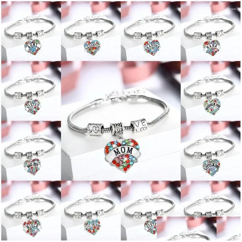 Braccialetti a maglie a catena 12Pc Colorf Braccialetti con strass di cristallo Amore Perline Famiglia Nana Nonna Sorella Mamma Figlia Nipote Regali Gioielli Dr Dhse7